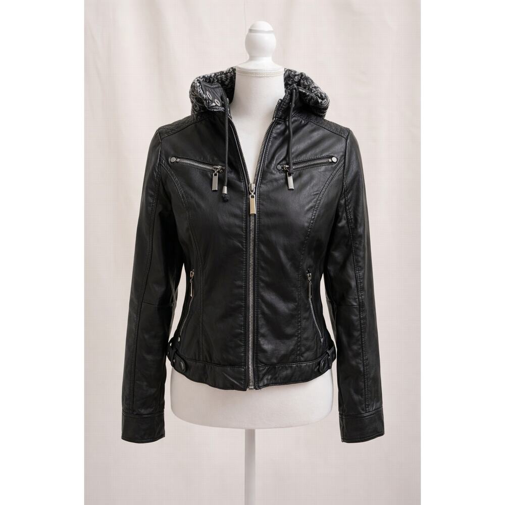 J2 by Jou Jou S Black Moto Jacket Hooded Vegan Leather Biker Chic Zip Streetwear